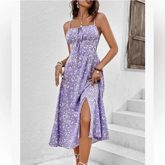 Brovave Purple Ditsy Floral Tie Front Smocked Milkmaid MIDI Dress Small NWT Boho - Picture 7 of 13